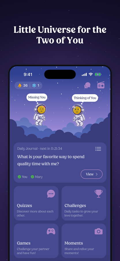 Space for Two home screen: two astronaut avatars sending 'Missing You' and 'Thinking of You', a daily journal card, and shortcuts to quizzes, challenges, games and moments.